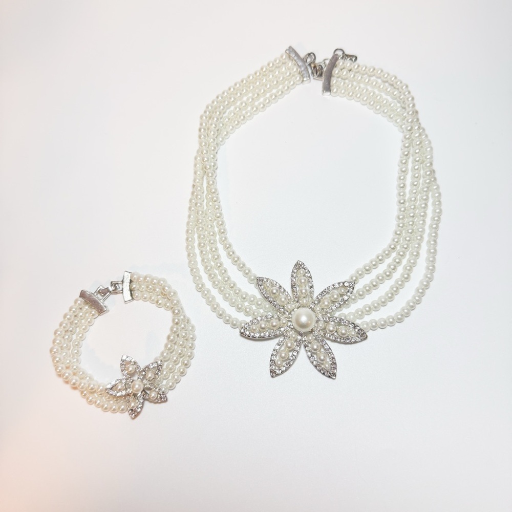 Lustrous Pearl and Silver Floral Necklace